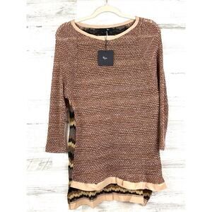 Ryu Womens L Brown Black Lightweight Knit Sheer 3/4 Sleeve Boho Sweater Top NWT